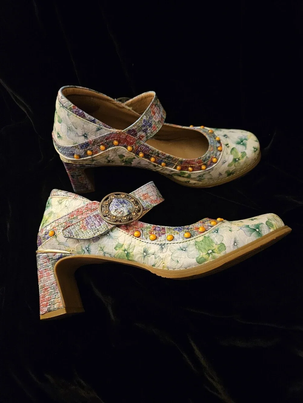 SPRING STEP  L'ARTISTE Floral Mary Jane Block Heel Shoes with Embellished Strap - Picture 2 of 4